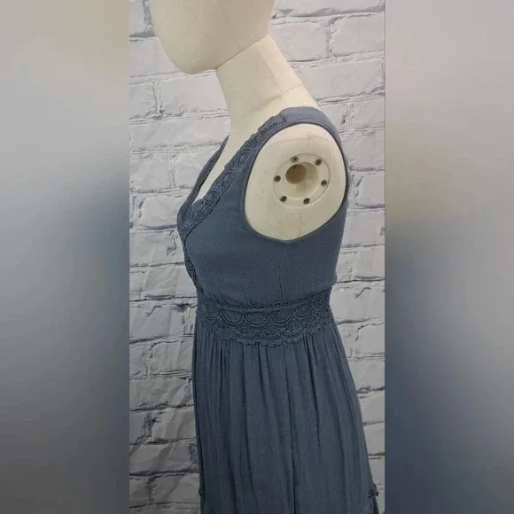 Rebellion Again Ruffled Boho Lace Maxi Dress V-Neck Dark Blue Rayon Y2K Size  XS - Picture 13 of 16